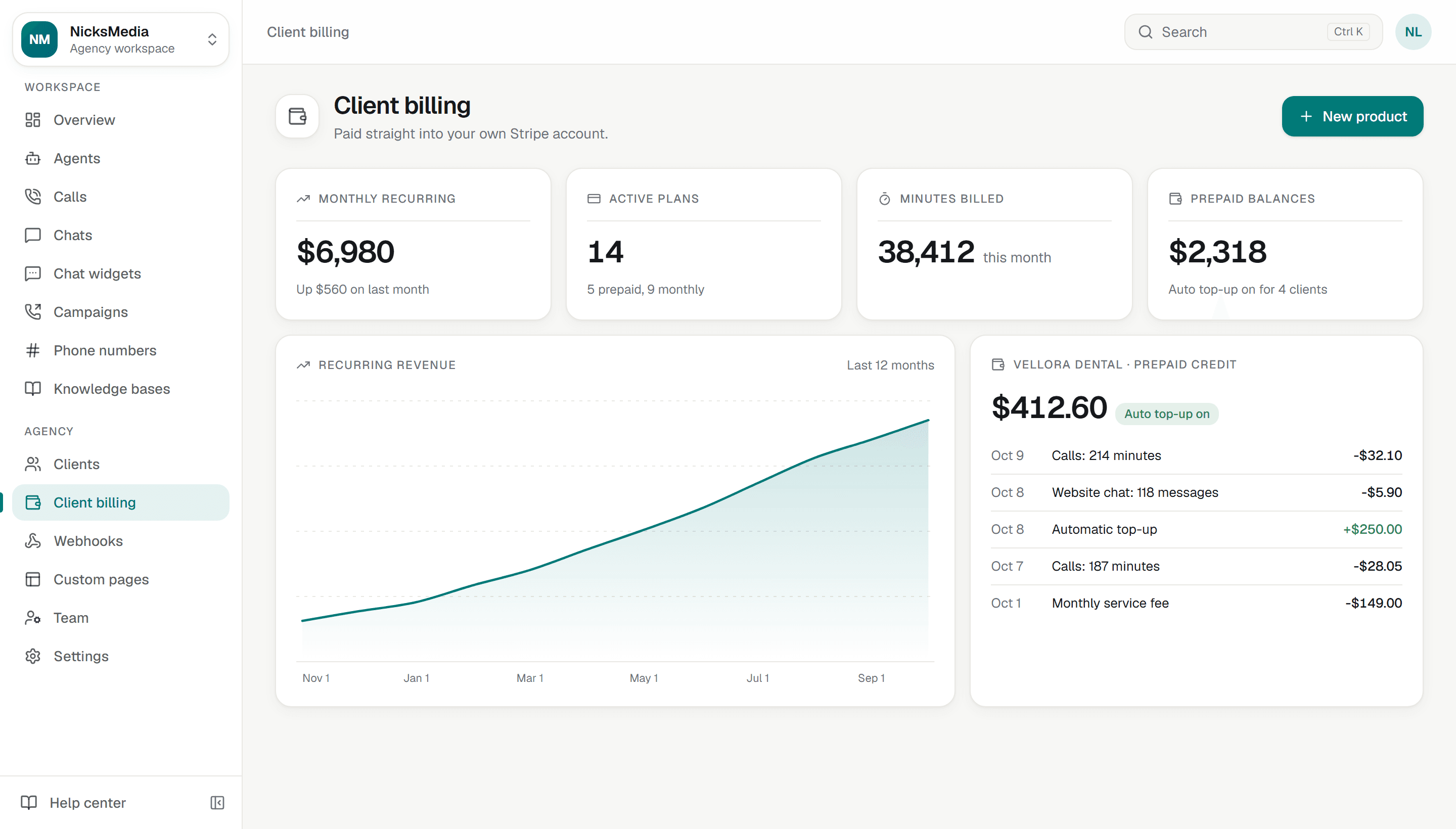 A client billing page showing monthly recurring revenue growing over twelve months and a prepaid credit ledger for one client